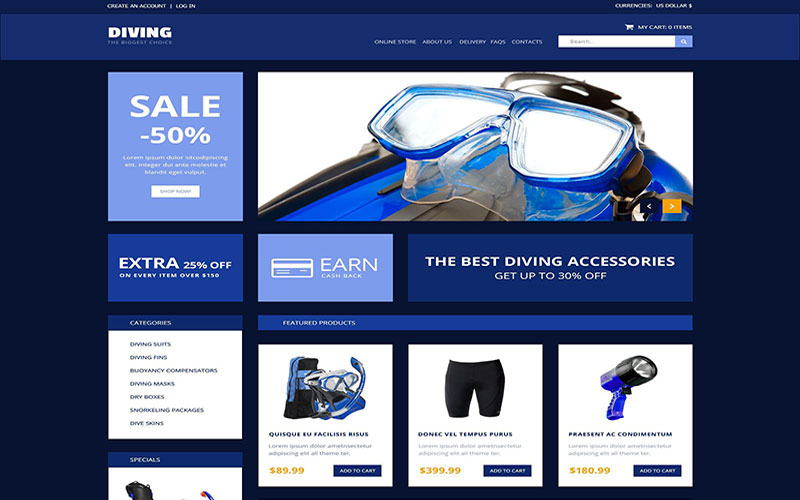 Σχεδίαση eshop ηλεκτρονικού καταστήματος Diving Accessories